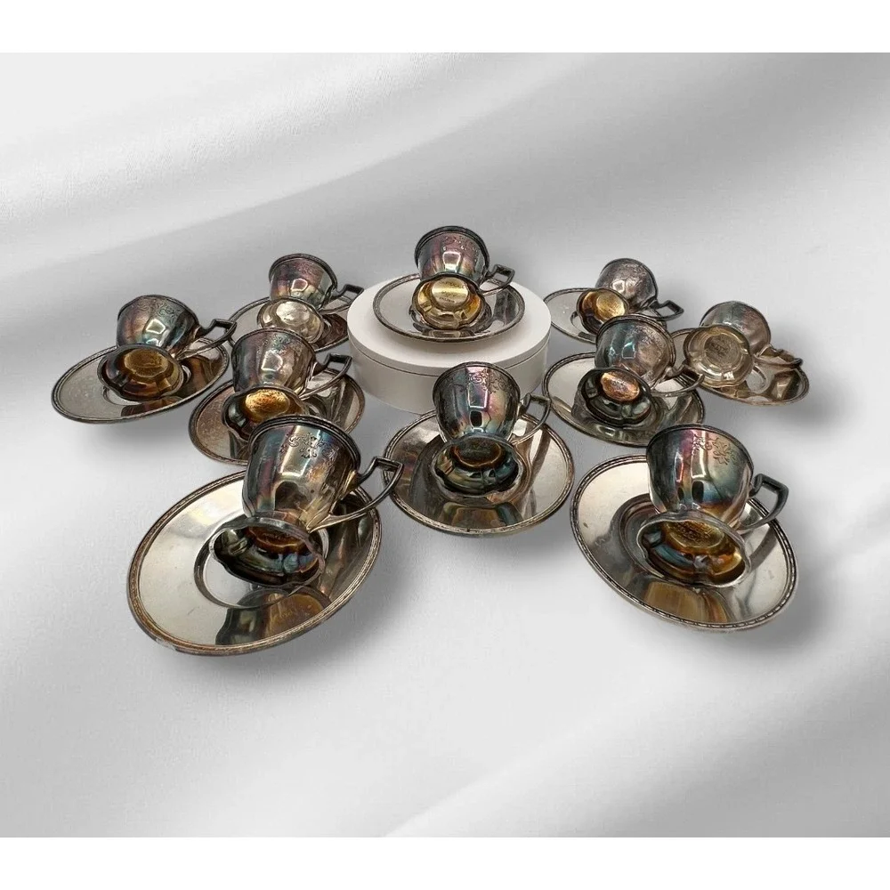 Vintage Chippendale EPNS Silverplate Demitasse Cups & Saucers Set of 10 Pat.1914